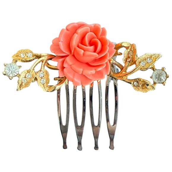 Bridal Hair Comb Coral Rose Floral Vintage Jewelry Wedding Hair Piece Set - Picture 3 of 5